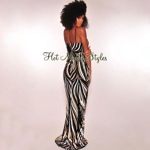 Black Gold White Sequins Padded Mermaid Gown